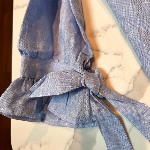 HARSHMAN X-S Linen Blue Striped Blouse with Ruffle Collar - Picture 5 of 8